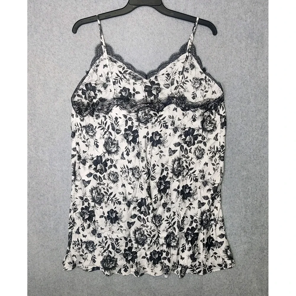 Victorias Secret Womens XXL Satin Lace Trim‎ Slip Dress Nightwear Black Floral